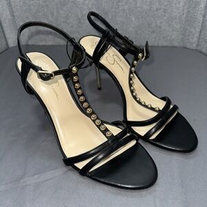 Jessica Simpson Black Strappy Leather Stiletto Heels with Studs Size 11